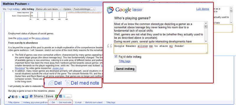 Share posts with Google Reader